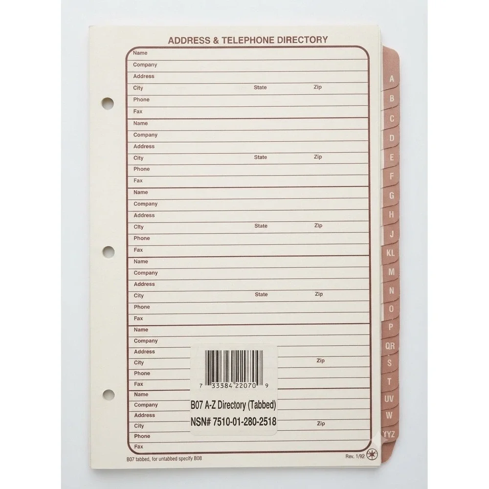 Vtg Address Telephone Directory Refill A-Z Tabbed 3-Hole B07 7510-01-280-2518